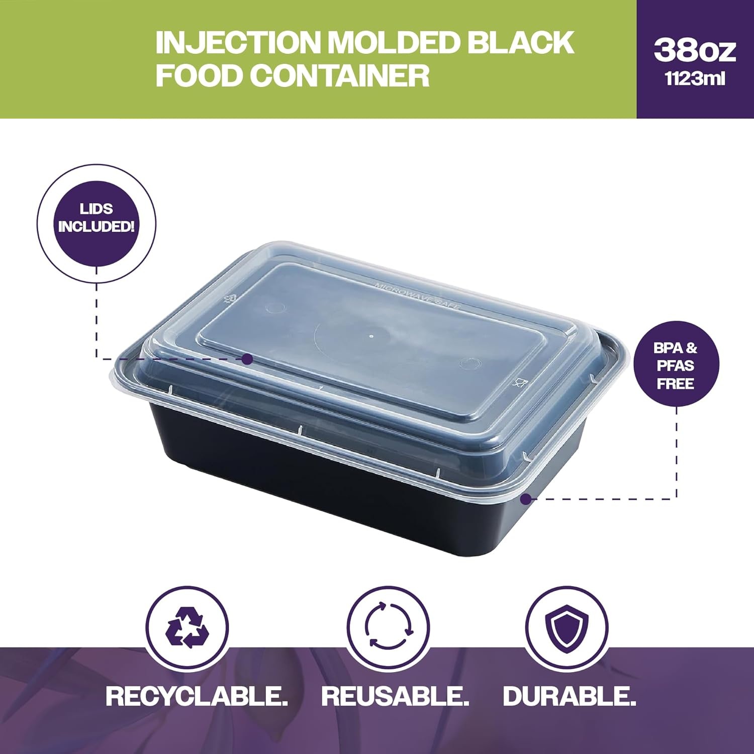 38 oz Black Food Container With Clear Lid | 1-Compartment