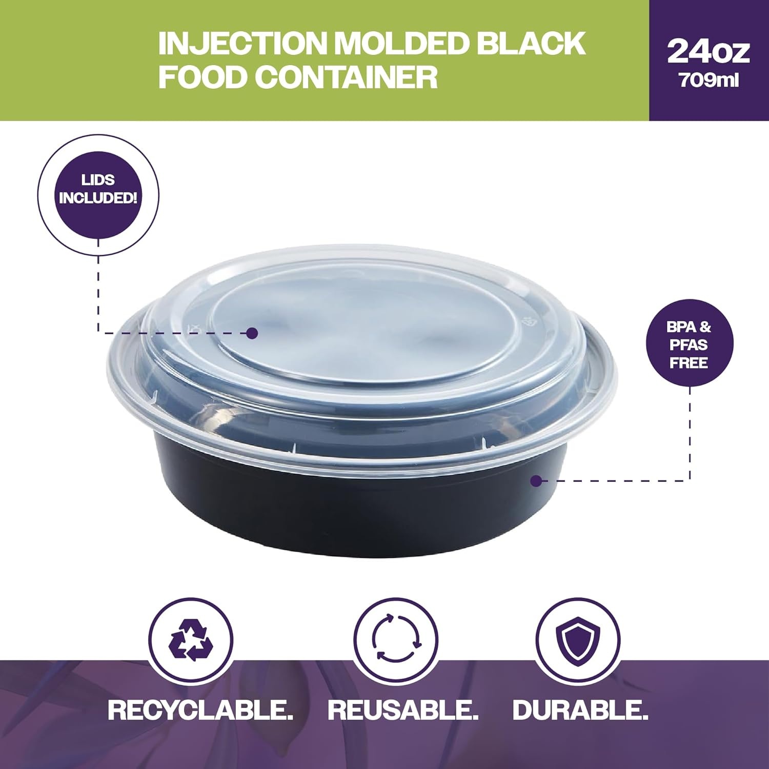 24 oz Round Black Food Container with Clear Lid