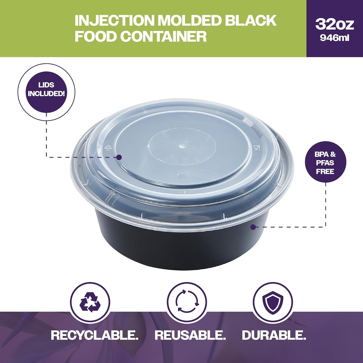 32 oz Round Black Food Container with Clear Lid | Eco-Friendly PP