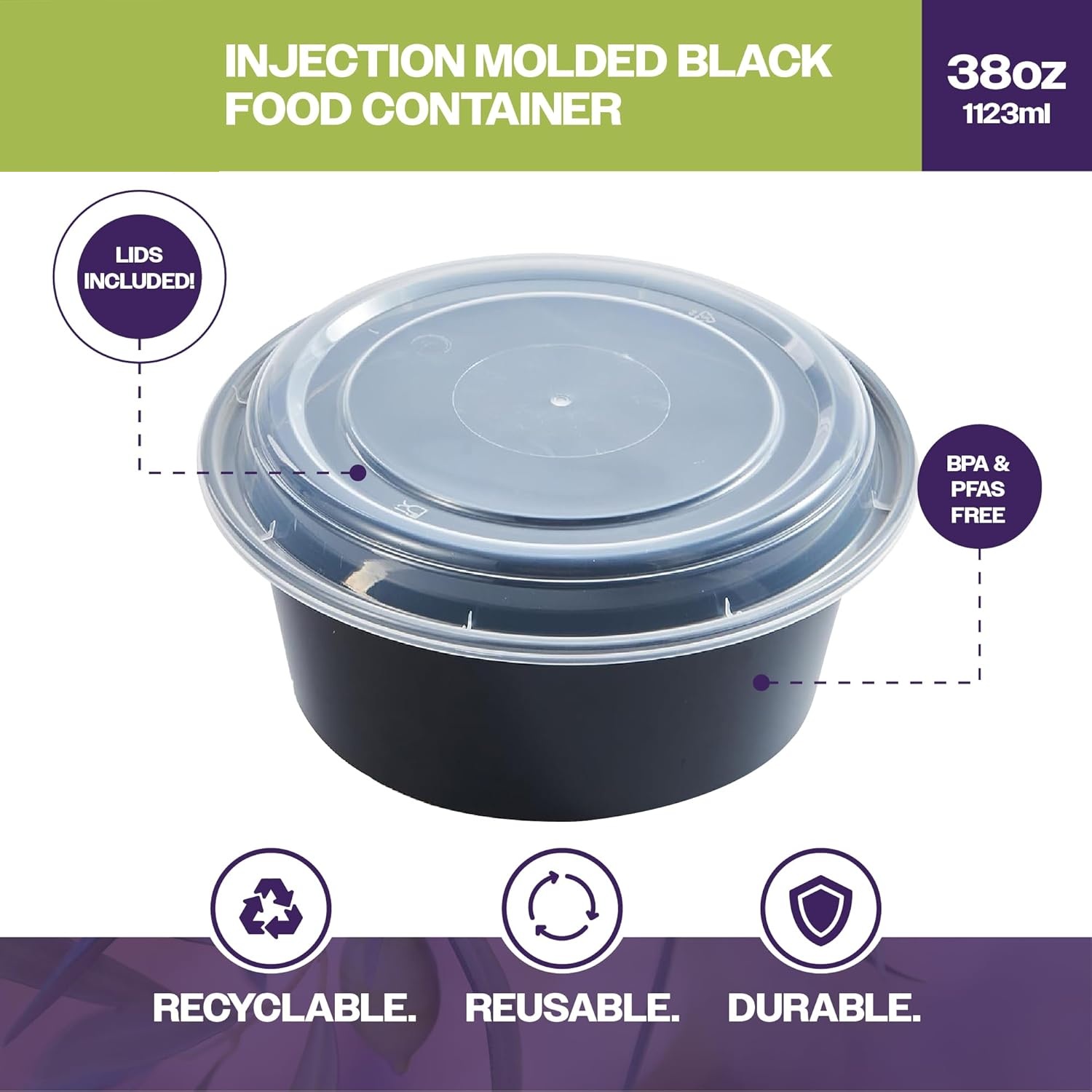 38 oz Round Black Food Container with Clear Lid